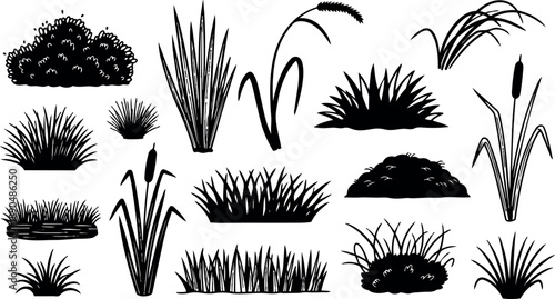 Black silhouette vector art set of various grass and bush plants isolated on white background with sharp and soft leaf shapes