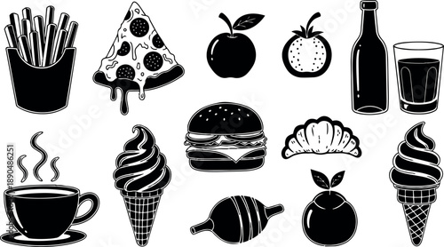 Black and white flat design fast food icons including french fries, dripping pizza slice, apple, orange fruit, burger, croissant, coffee cup, soft serve ice cream cones, soda bottle and glass