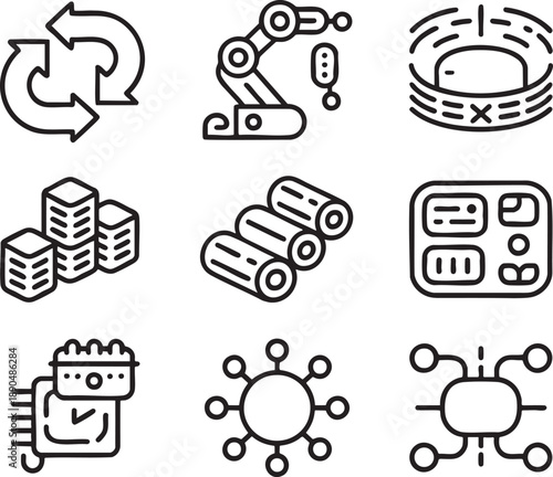 Nine black and white representing technology and data concepts including recycling, robotics, servers, and networks