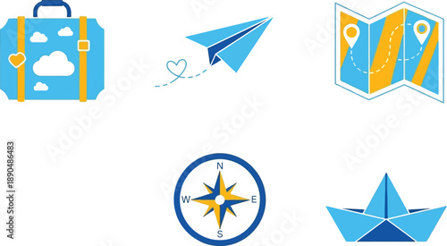 Travel and adventure vector collection featuring suitcase, paper airplane, map, compass, and boat