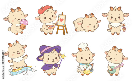 Funny goats. Cute goat chef, painter, musician. Cartoon animals different poses, sleeping, eating ice cream, surfing, nowaday vector characters