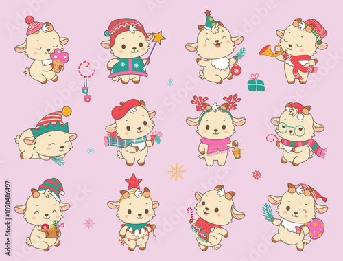 Christmas goats. Winter goat in hat, scarf, headband with stars and deer antlers. New year symbols with holiday accessories, children nowaday vector mascots