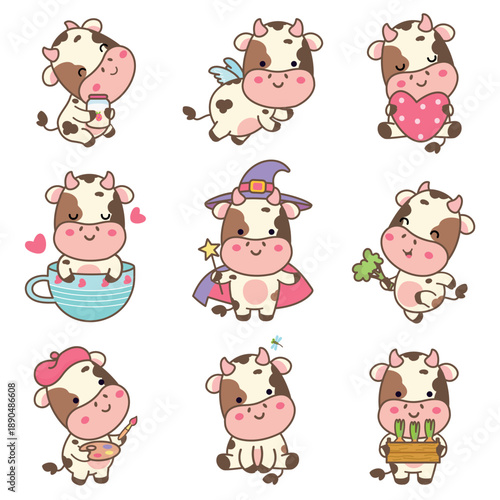 Kawaii cow. Funny cows stickers, isolated animals different poses and emotions. Farm animal in cup, with plants, wearing witch cape and hat, nowaday vector characters