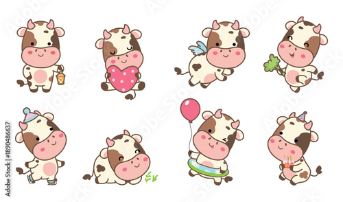 Funny cows. Cute kawaii cow skating, hug heart, sleeping on meadow. Adorable children mascots, stickers design with animals, nowaday vector clipart