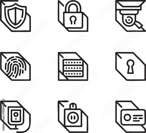 Set of nine black and white representing various security and authentication methods on geometric shapes