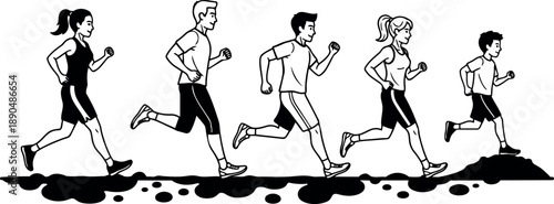 Black and white line art of five people running together in athletic clothes on trail ground side view energetic motion