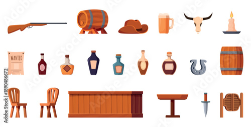 Western tavern elements. Saloon furniture and items. Alcohol drinks bottles, wooden barrel, cowboy hat, doors and gun. Isolated wild west sapid vector clipart