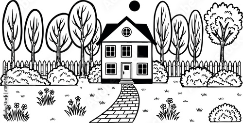 Black and white line art suburban house with pathway surrounded by trees bushes and flowers peaceful outdoor landscape illustration