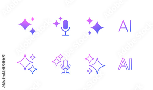 Set of AI icons - flat and linear variations. AI sparkle star with square, search, microphone, letters. Artificial intelligence technology and Machine learning symbols for application and web. Vector