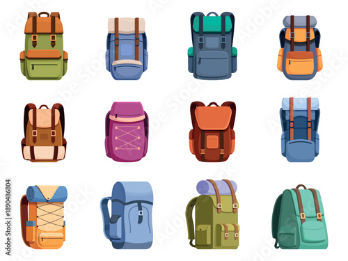 Cartoon hiking backpacks. Camping backpack for hike on nature or summer camp. Hand luggage bags for flight travel. Different knapsack sapid vector clipart