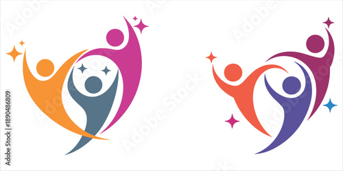Vibrant abstract people icons celebrating together with stars vector  illustration.