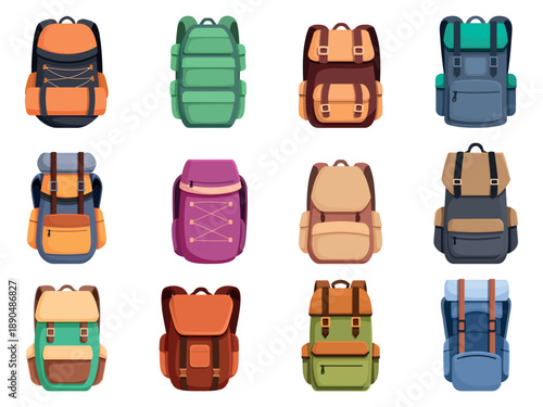 Camping backpack. Different backpacks, multifunctional knapsack for travel, hiking, camping, hand luggage, school. Sapid bags with pockets vector clipart