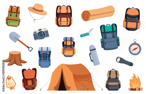 Cartoon camping equipment. Items for hiking and tourism on nature. Shovel lantern mat compass tent. Flashlight and hat. Outdoor adventures sapid vector elements