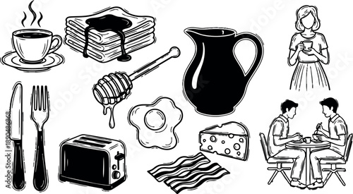 Black and white line art breakfast set with coffee cup, pancakes with syrup, honey dipper, fried egg, cheese wedge, toaster, bacon strips, utensils and people drinking at breakfast table