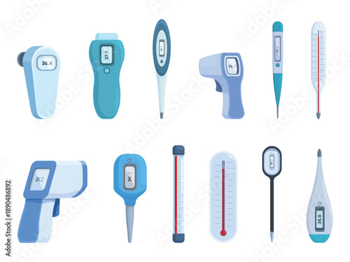 Different thermometers types. Industrial household and medicine thermometer. Non-contact pyrometers, measuring tools for weather and human, sapid vector elements