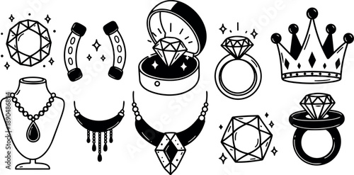 Black and white vector jewelry icons including sparkling diamonds rings necklace crown and pendant collection