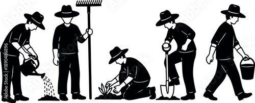 Black and white vector art of men wearing hats watering, raking, planting, digging, and carrying bucket in gardening activities