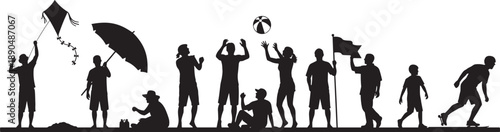 Black silhouette collection of people enjoying beach activities including flying kites holding umbrellas playing volleyball and surfing isolated on white background for summer vacation concept