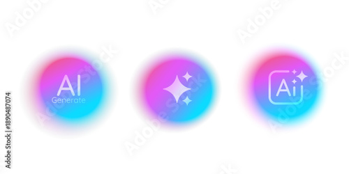 AI assistant star buttons set. Neural network, artificial intelligence, and smart technology for apps, chatbots, and digital platforms in minimal design. Blurred gradient blobs with Ai icons. vector
