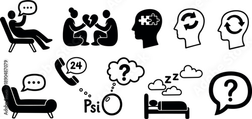 Black silhouette icons set including psychologist therapy session talking couch couple heartbroken and mental health concept minds with puzzle and synchronization arrows