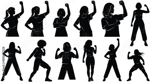 Collection of silhouettes of women in various martial arts poses
