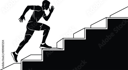 Silhouette runner climbing stairs, fitness motivation concept, athletic man sprinting upward, success growth challenge, black and white illustration