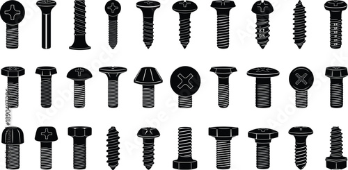 Screws and bolts silhouettes collection, industrial fasteners set, hardware components, construction tools, mechanical parts, black vector icon illustration