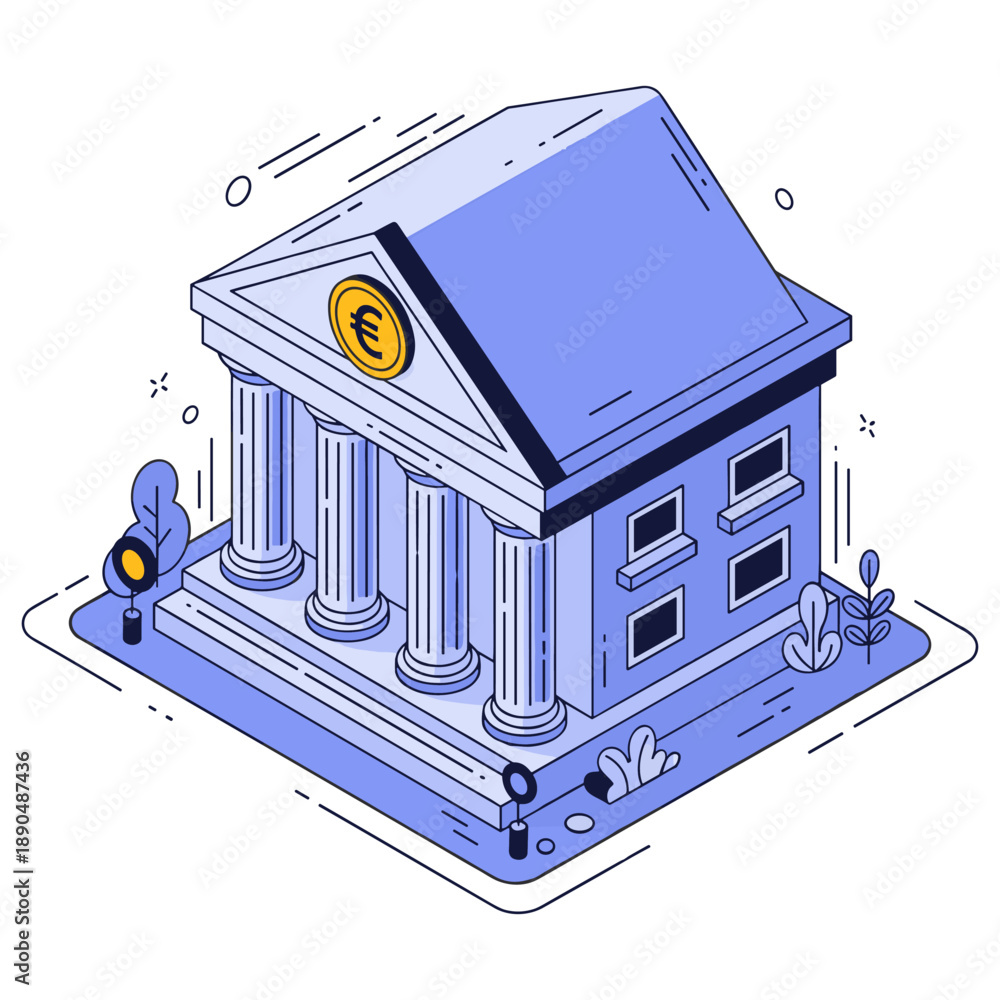 Fototapeta premium Stylized isometric european bank building illustration with euro symbol. No editable stroke
