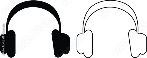 Headphones and headset icon set with flat and line style audio symbols, music listening sound wave call center headset icons in black monochrome vector illustration collection