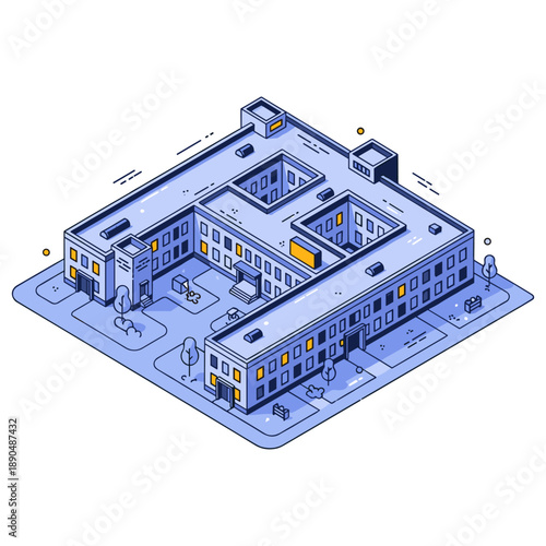 Isometric blue urban building with courtyard and trees in minimalist style. No editable stroke