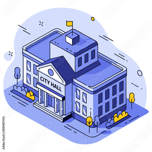 Illustration of city hall building with geometric design elements. No editable stroke