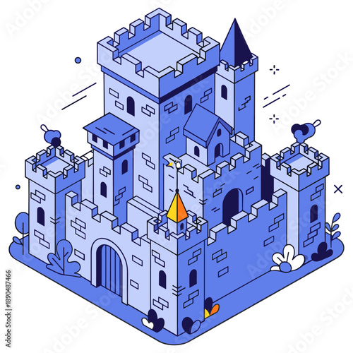 Isometric medieval castle in blue with towers and gate. No editable stroke