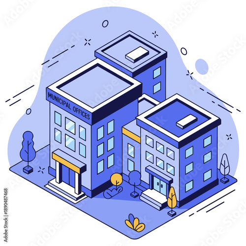 Isometric illustration of municipal office buildings with trees and pathways. No editable stroke