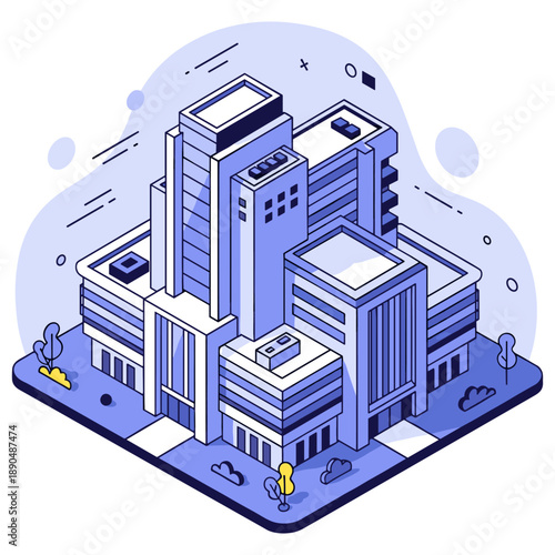 Isometric modern urban building complex with greenery and geometric design. No editable stroke