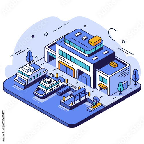 Isometric marina with boats docked at a modern building. No editable stroke