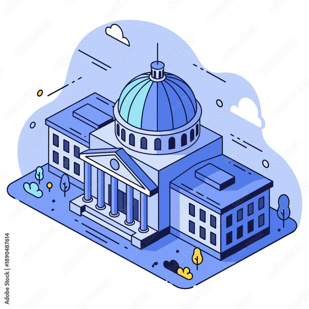 Naklejka premium Isometric illustration of blue and white government building with dome. No editable stroke