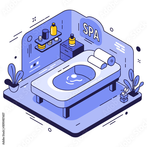 Relaxing spa room with massage table and beauty products in isometric design. No editable stroke