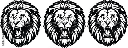 Three roaring lion head vector illustration, black white tribal wildlife logo design set, fierce predator symbol tattoo mascot branding artwork