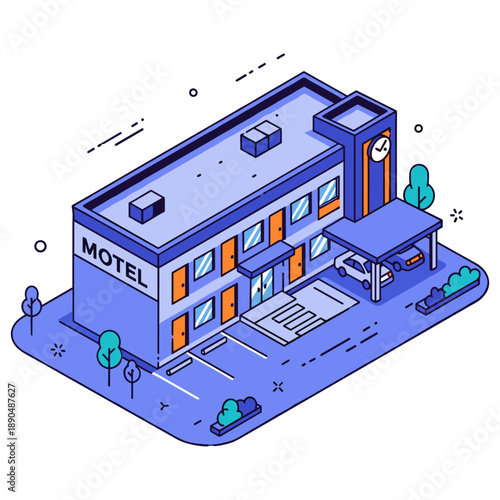 Isometric illustration of modern two-story motel building with parking lot. No editable stroke