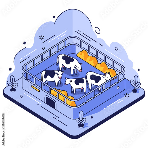 Isometric farm illustration featuring cows grazing in fenced pasture area. No editable stroke