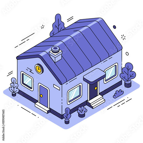 Isometric blue house with trees and windows on white background. No editable stroke