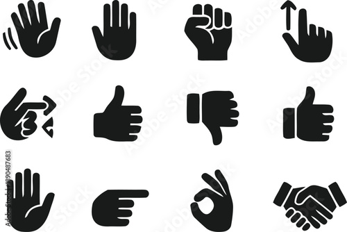 Hand gestures silhouette icons set for communication and signs