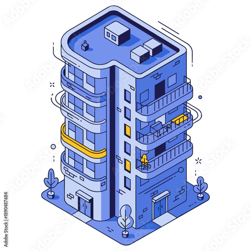 Modern blue apartment building illustration with balconies and minimalist design. No editable stroke