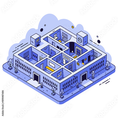 Isometric blueprint of modern building with simplified rooms and hallways. No editable stroke