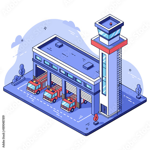 Isometric fire station with garage and watchtower in cartoon style. No editable stroke