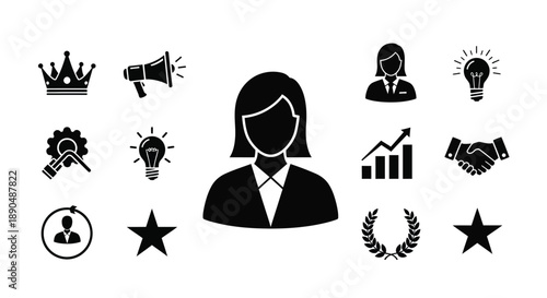 Professional business woman with various business icons