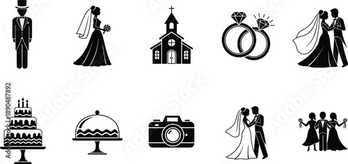Wedding silhouette icons collection, bride and groom, ceremony church, rings, cake, photography, celebration symbols, love, marriage, black vector set