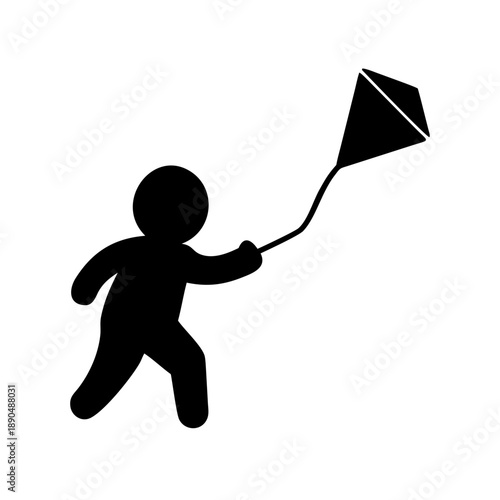 Black silhouette child flying kite, minimalist outdoor play icon.