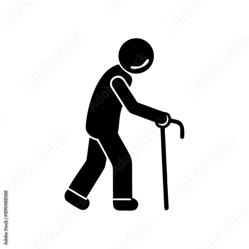 Black stick figure elderly man walking with cane, senior mobility icon.