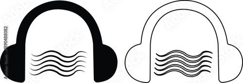 Headphones and headset icon set with flat and line style audio symbols, music listening sound wave call center headset icons in black monochrome vector illustration collection